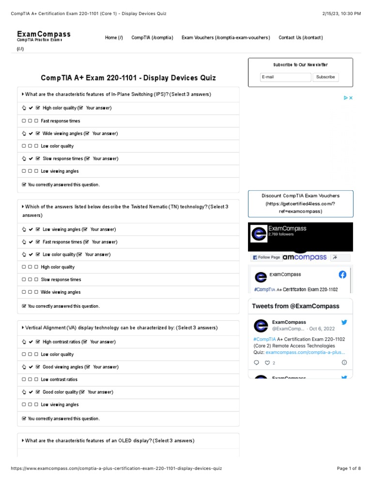CompTIA A+ Certification Exam 2201101 (Core 1) Display Devices Quiz