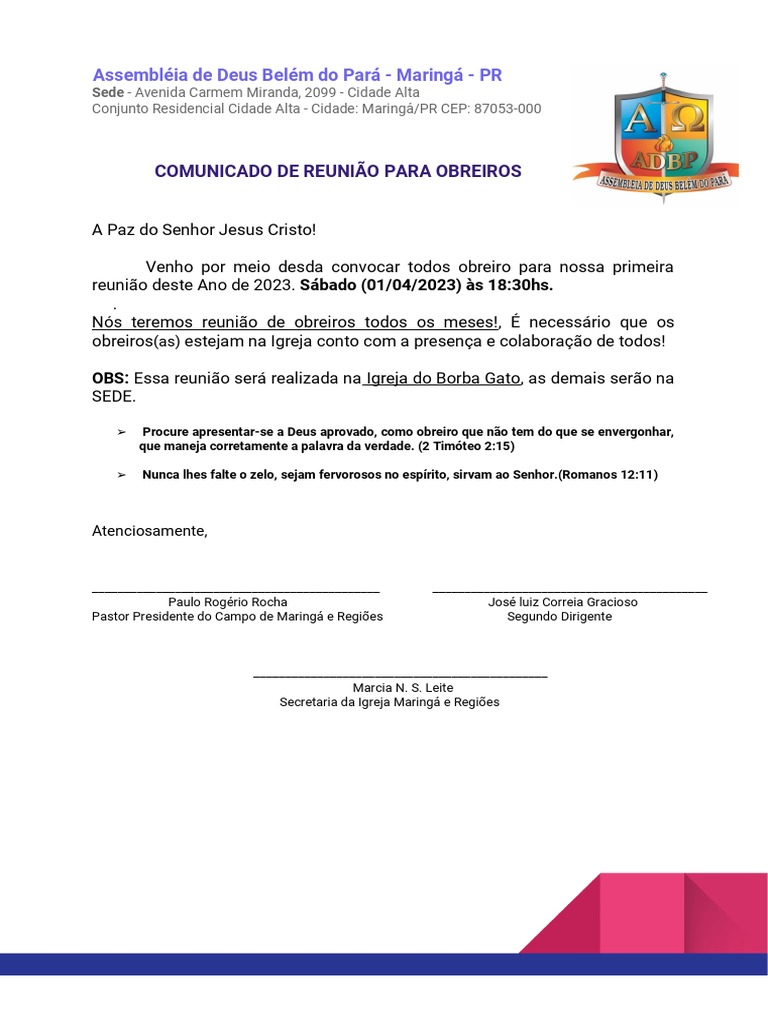 Comunicado de Reunião de Obreiros 2023 | PDF