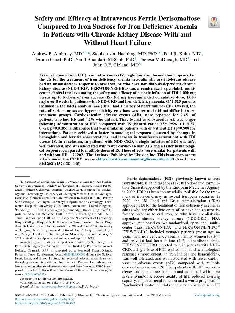 Safety and Efficacy of Intravenous Ferric Derisomaltose Compared To