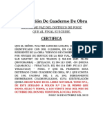 Certificación de Cuaderno de Obra: Certifica