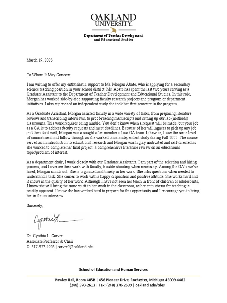 Morgan Abate - Letter of Recommendation 2 | PDF | Behavior Modification ...