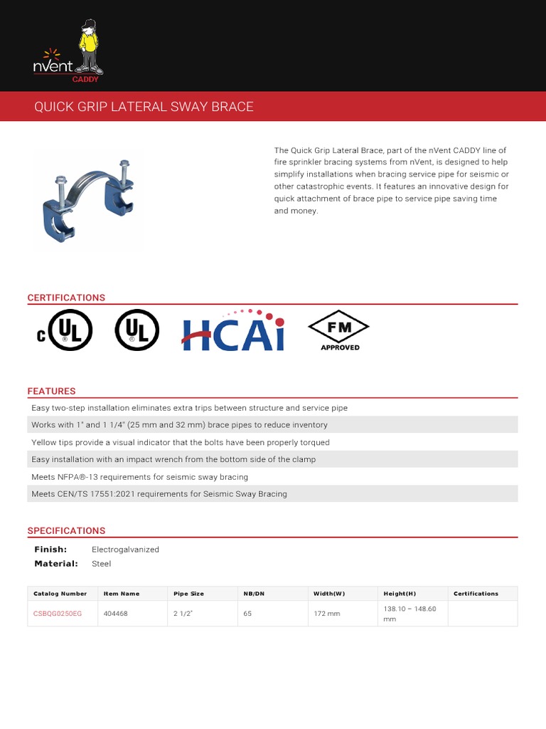 Nvent CADDY Quick Grip Lateral Sway Brace PDF Pipe (Fluid Conveyance) Equipment