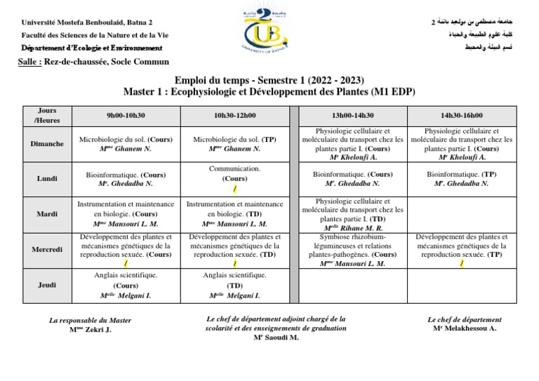 Emploi du temps Master 1 EDP 2022-2023 | PDF | Biologie | Sciences de ...