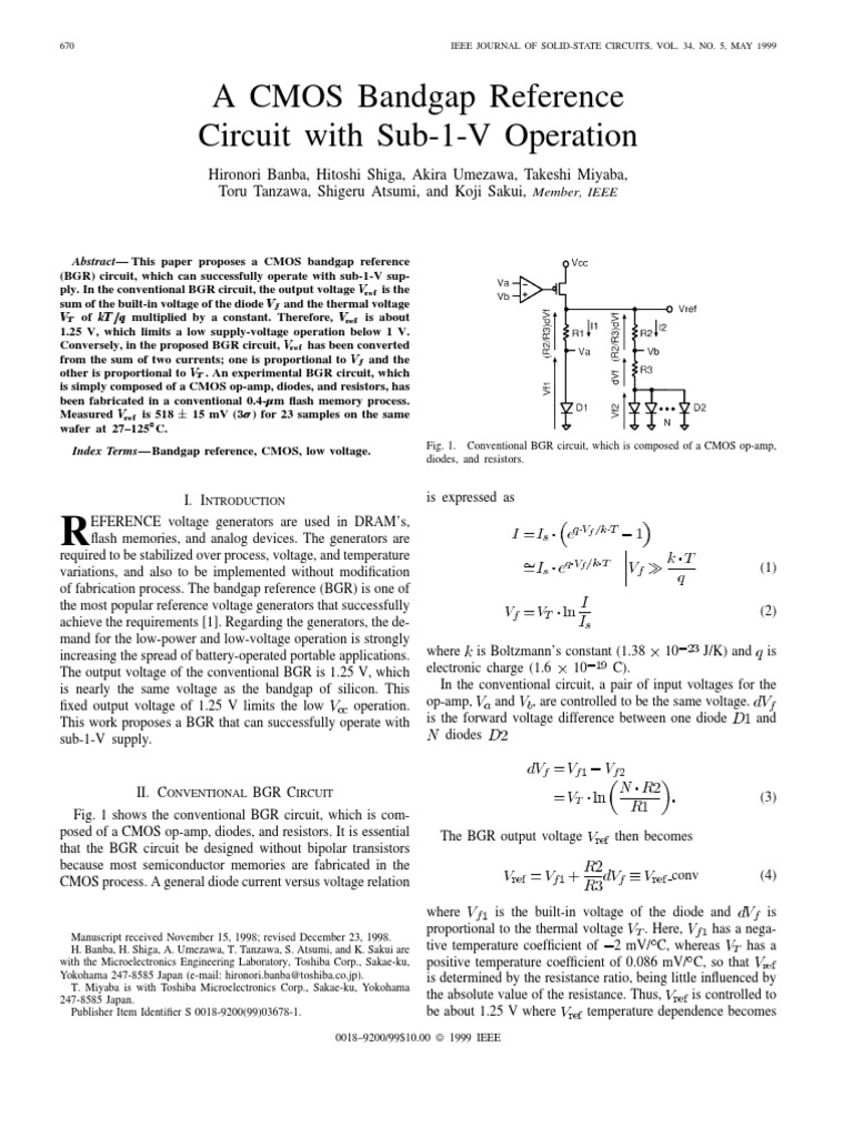 A CMOS Bandgap Reference Circuit With Sub-1V Operation | PDF | Mosfet ...