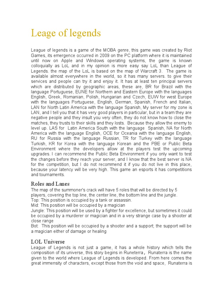 Leage Of Legends Roles And Lanes Pdf Runes