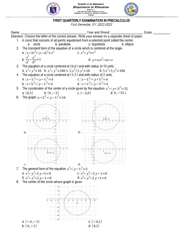Precalculus First Quarter Exam PDF Ellipse Euclidean Plane Geometry