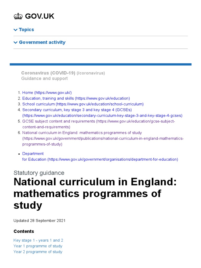 National curriculum in england mathematics programmes of study gov