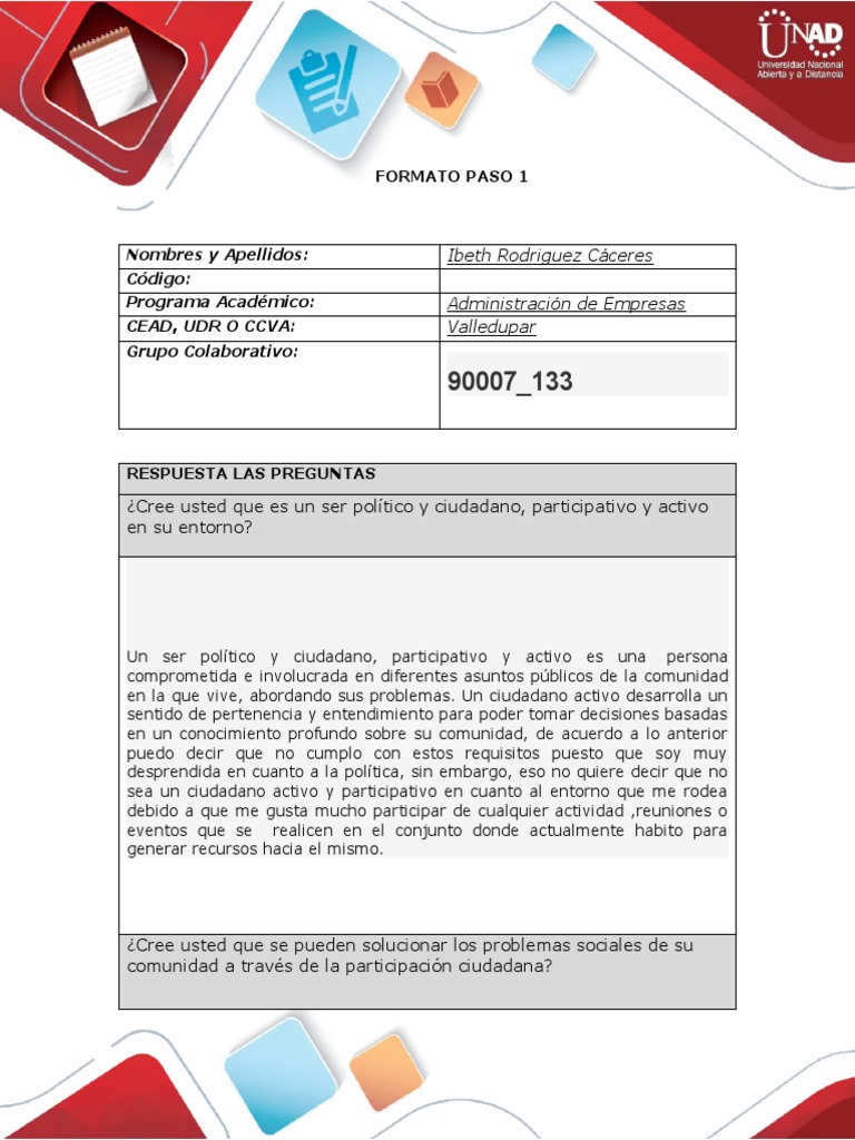 Formato Paso 1 Nombres y Apellidos Código Programa Académico Cead, Udr O Ccva Grupo