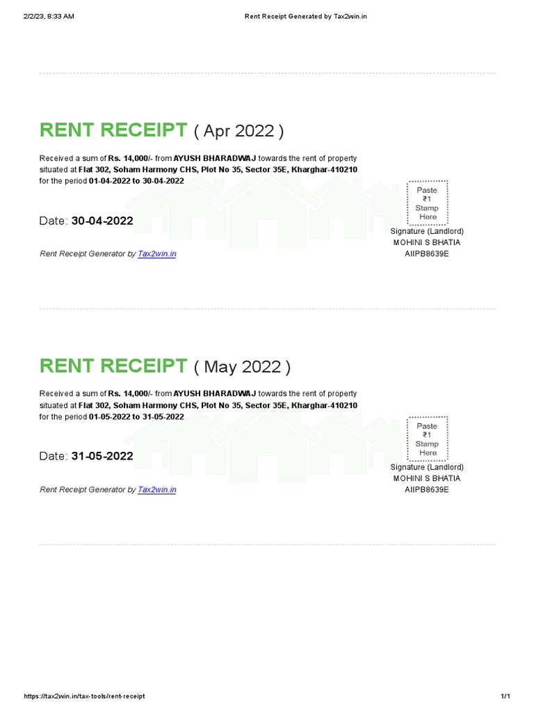 Rent Receipt for April & May 2022 | PDF