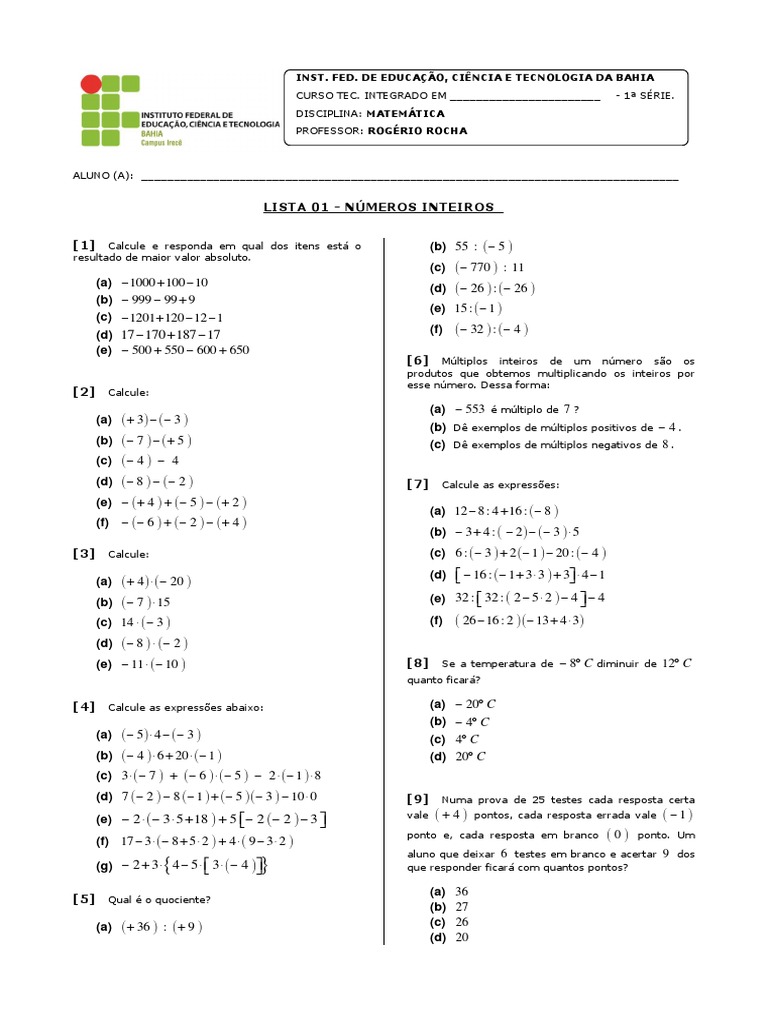 Lista de exercícios de matemática sobre números inteiros para alunos do ...