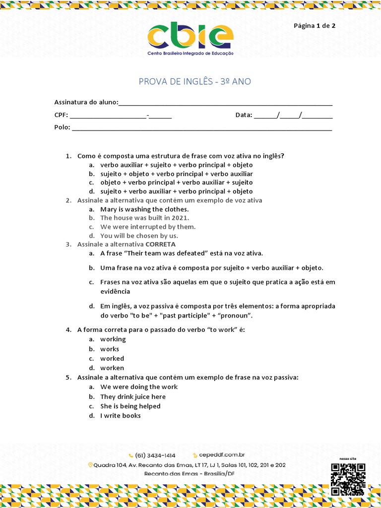 Prova de Ingles - 3° Ano - CBIE | PDF | Assunto (gramática) | Ciência ...