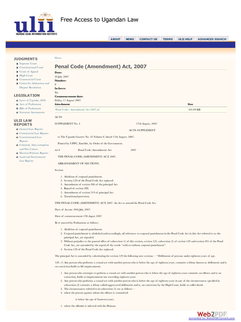 Uganda Penal Code Amendments 2024 | PDF | Act Of Parliament | Crimes
