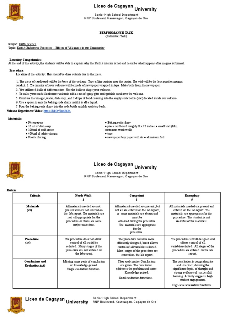 Volcano Experiment Performance Task | PDF