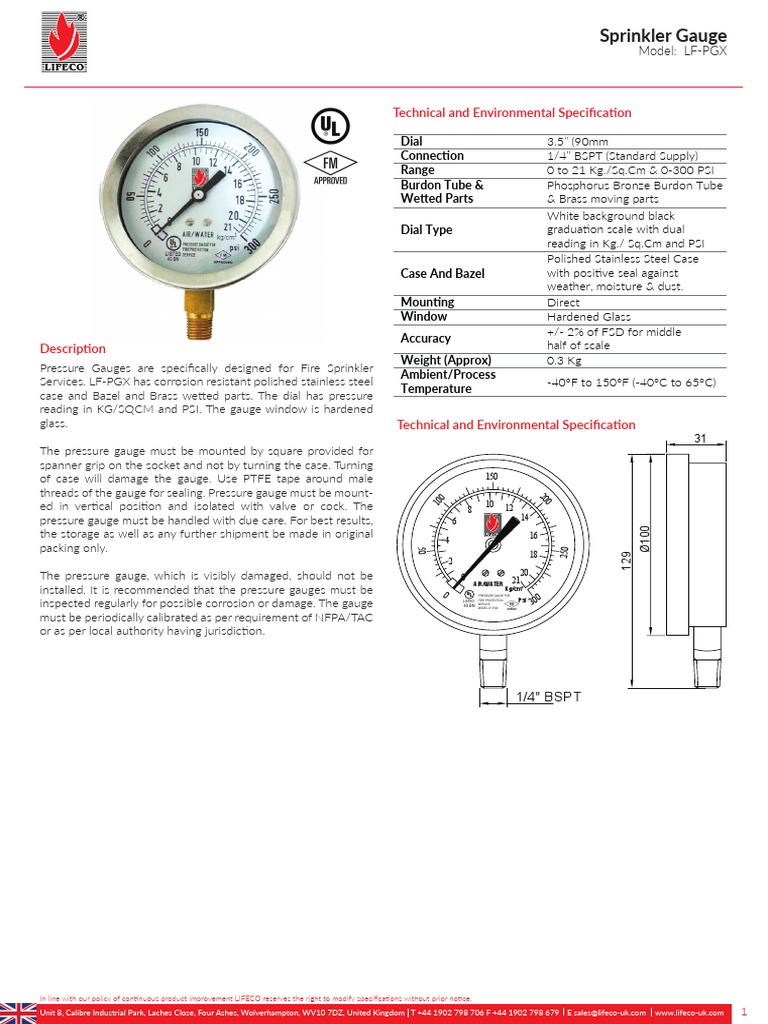 Sprinkler Pressure Gauge LF PGX PDF Pressure Measurement Fire