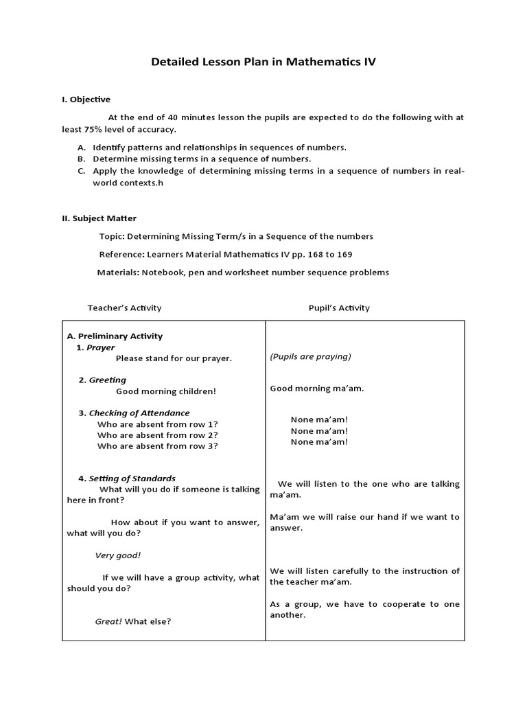 Detailed Lesson Plan in Mathematics IV: I. Objective | PDF | Numbers ...