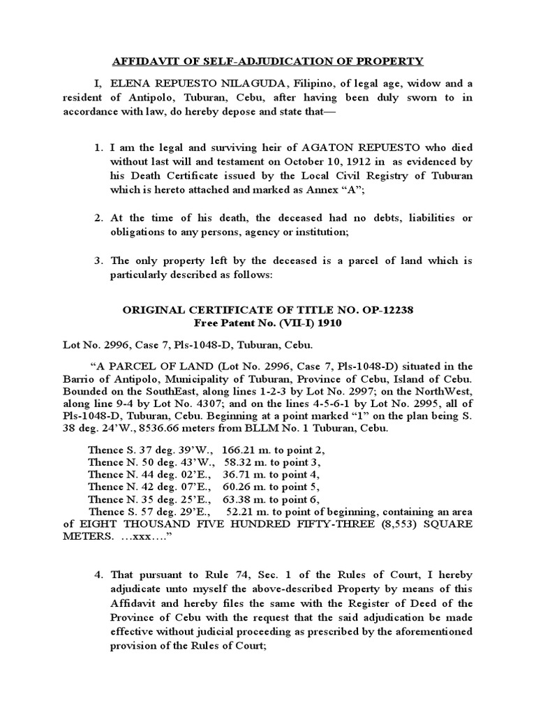 Affidavit of Self-Adjudication Sample | PDF | Affidavit | Legal Documents