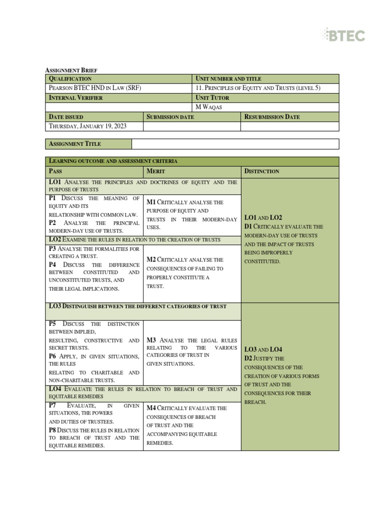 Equity And Trusts Assignment Guide Pdf Trust Law Equity Law