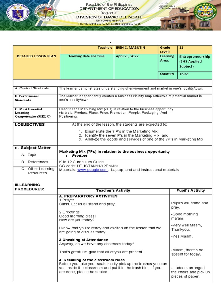 Grade 11 Lesson Plan: Marketing Mix 7Ps | PDF | Marketing | Product ...