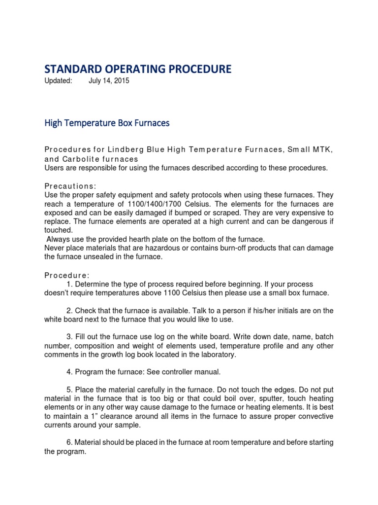 High Temp Furnace Operating Procedures | PDF | Laboratories | Physical ...