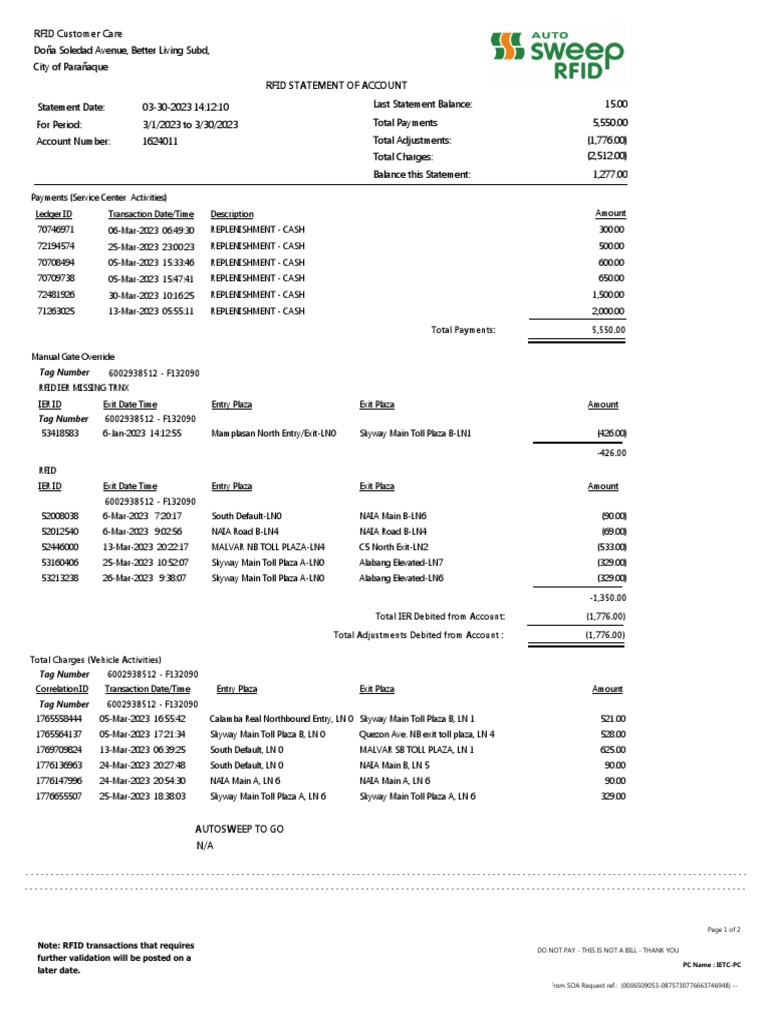 RFID Statement of Account Summary | PDF | Debits And Credits | Toll Road