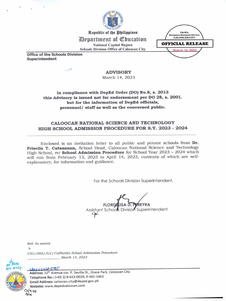 Caloocan National Science and Technology High School Admission Procedure For S.Y. 20232024 PDF
