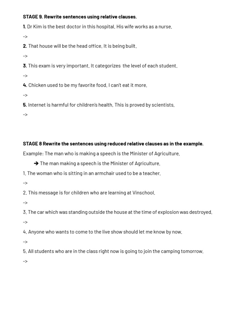 Rewrite sentences using relative clauses and reduced relative clauses | PDF