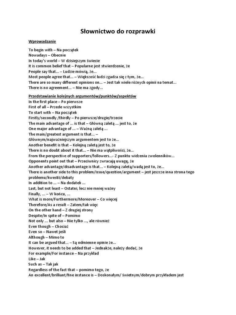 Słownictwo rozprawka | PDF
