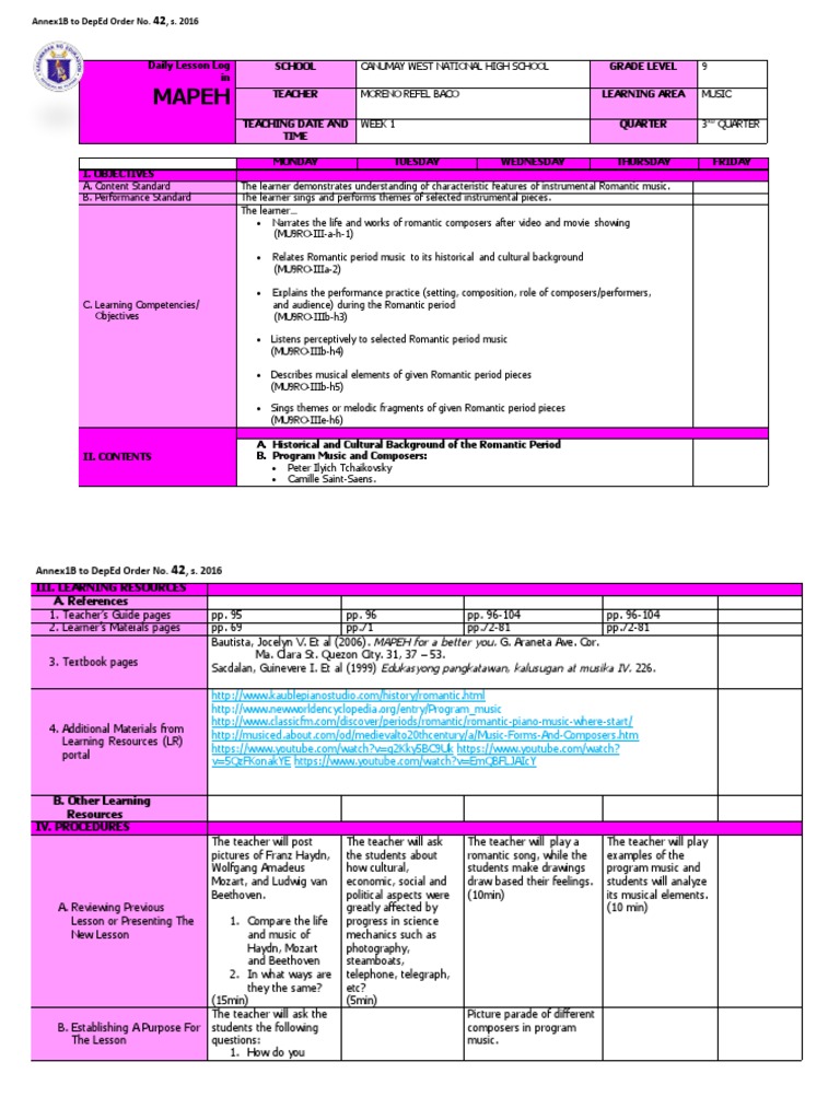 Mapeh+grade+9+dll - 2023 | PDF | Theatre | Composers