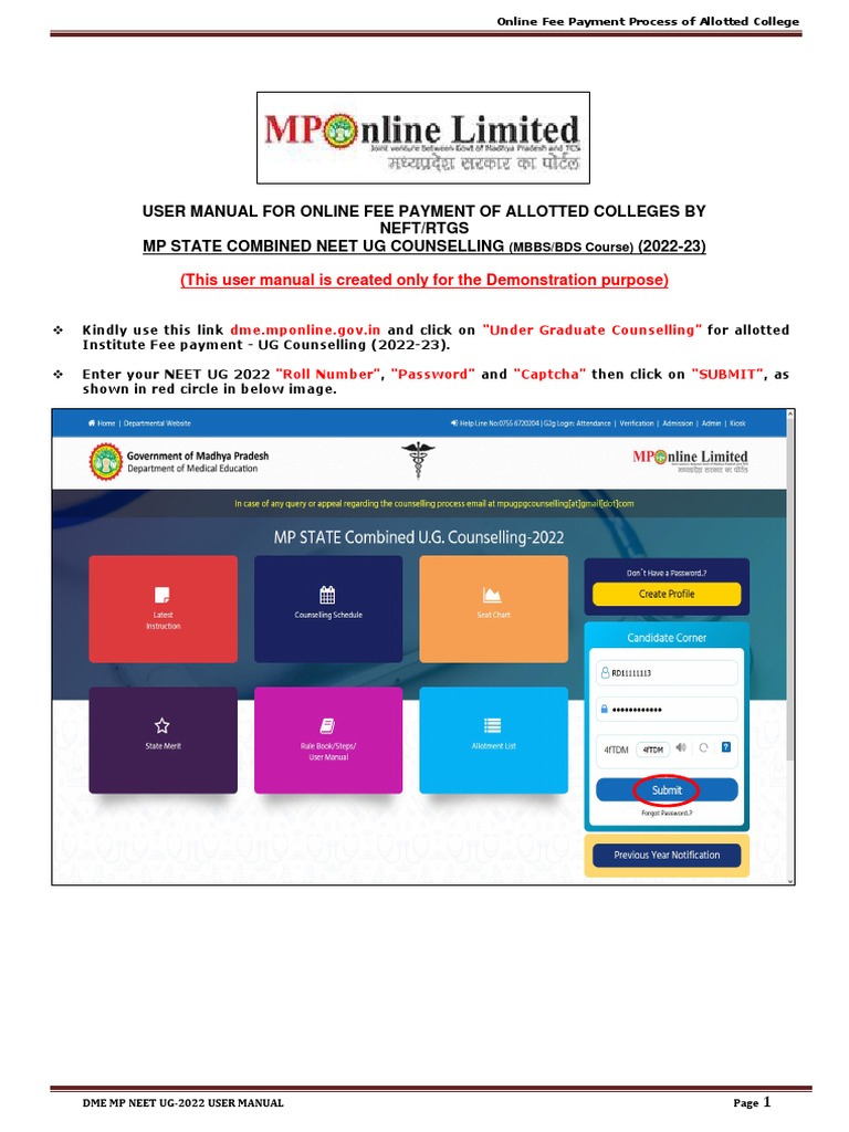 DME NEET UG 2022 Institute Fee Paymet User Manual PDF Service