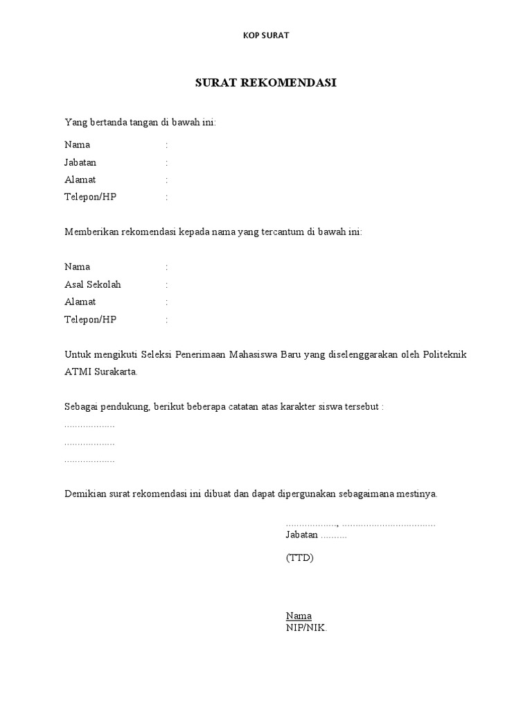 Contoh Template Surat Rekomendasi | PDF
