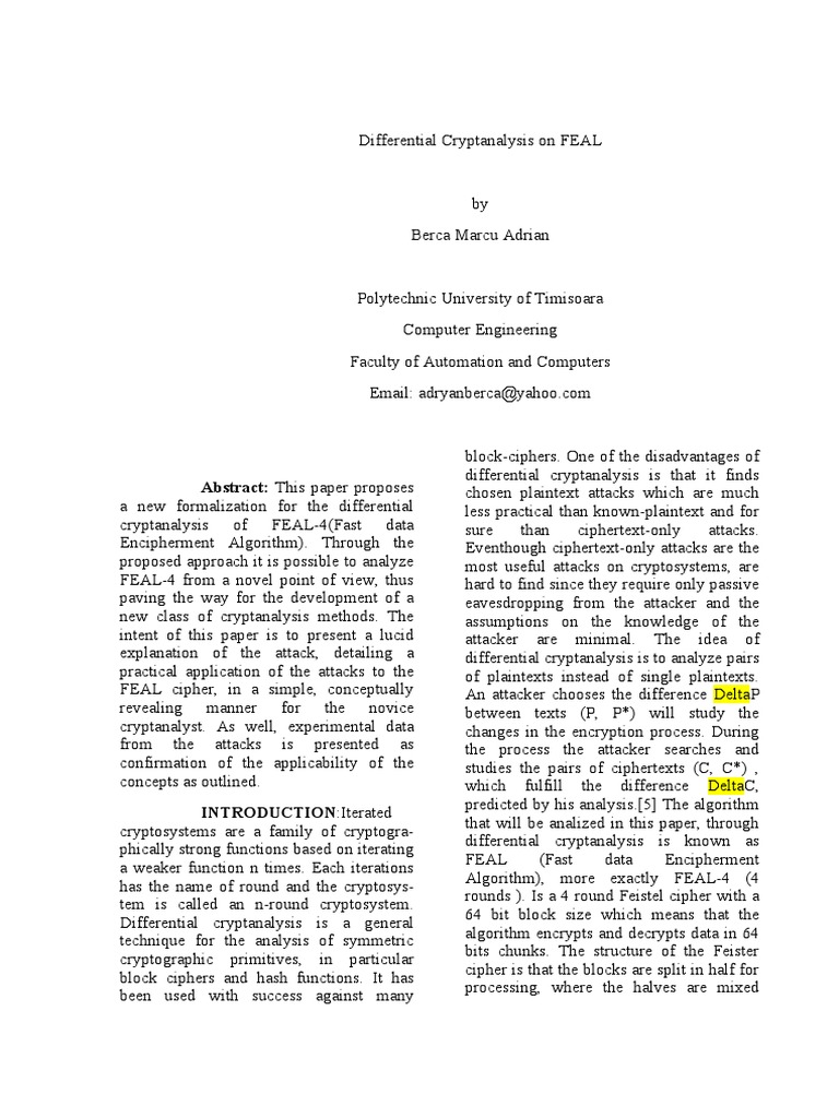 Differential Cryptanalysis of FEAL-4 | PDF | Cryptanalysis | Security