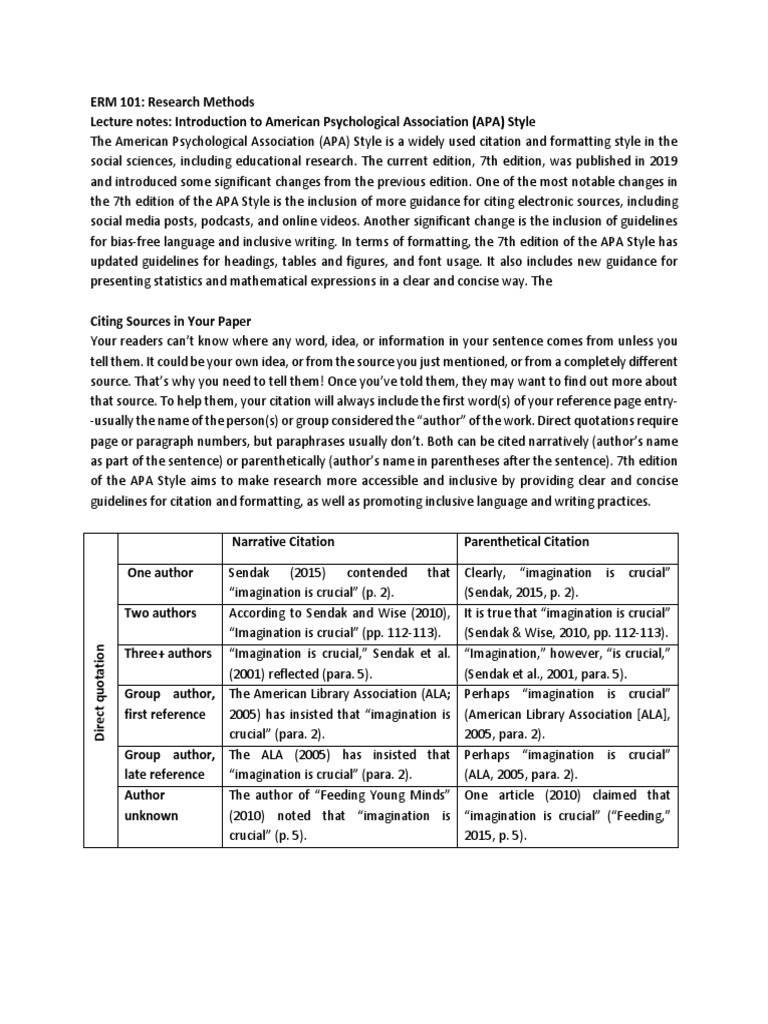 ERM 101 Research Methods Lecture Notes Introduction To American Psychological Association
