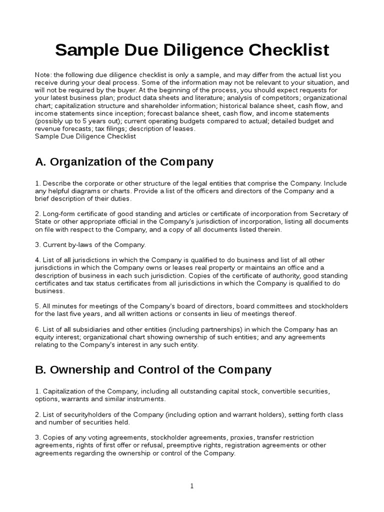 Sample Due Diligence Checklist A. Organization of The Company PDF