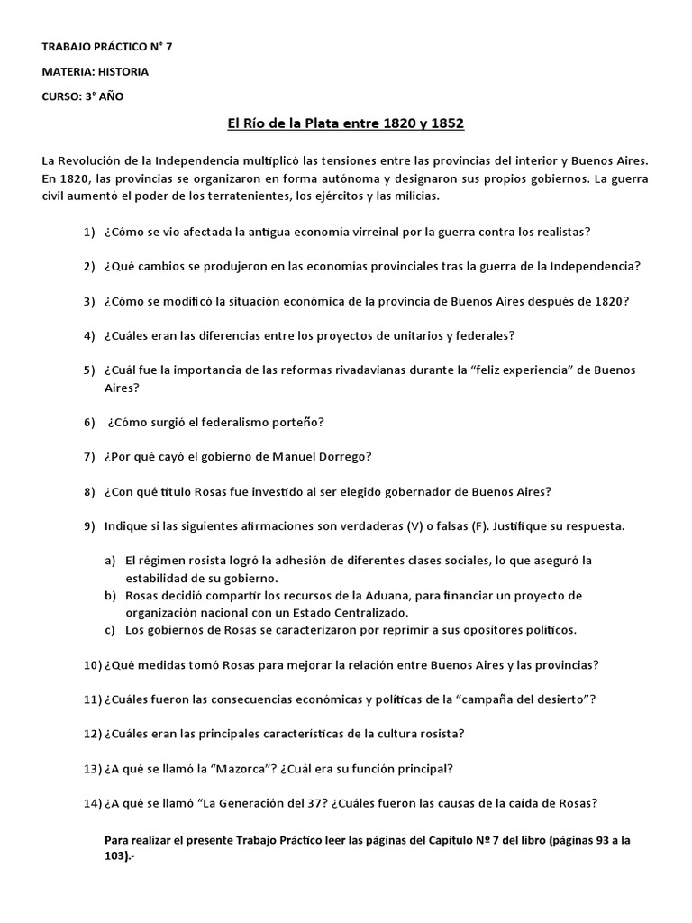 TRABAJO PRÁCTICO HISTORIA 3° AÑO Rio de La Plata (18201852) PDF