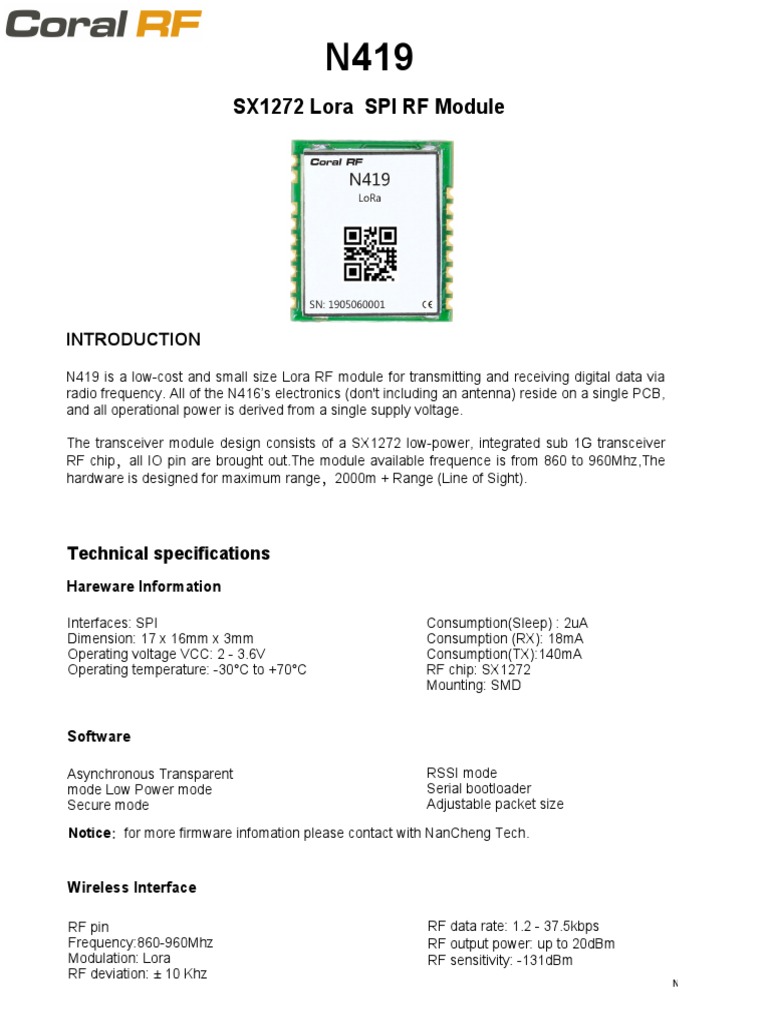 N419 Sx1272 Lora Spi RF Module | PDF | Radio | Manufactured Goods