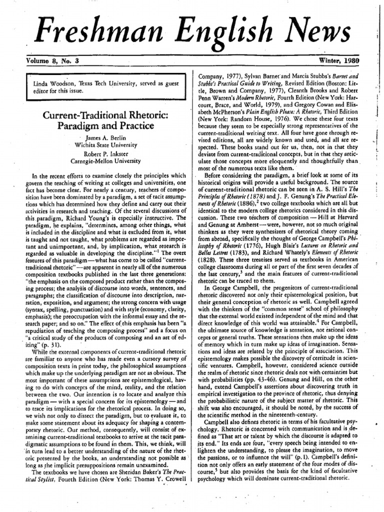 Berlin, James A., and Robert P. Inkster. "CurrentTraditional Rhetoric