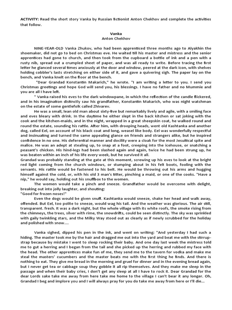 ACTIVITY Read The Short Story Vanka by Russian Fictionist Anton