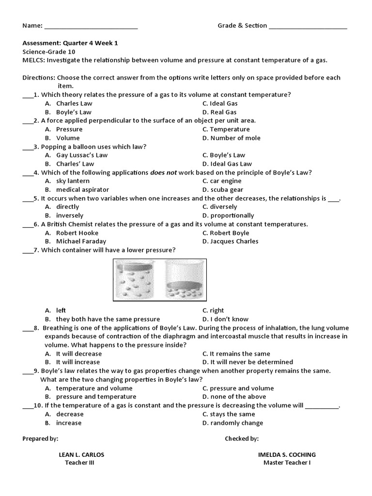 Boyle's Law Assessment for Grade 10 | PDF | Gases | Pressure