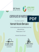 Certificate of Participation for Hannah Bercasio's Participation in 2022 Lasallian Youth Event