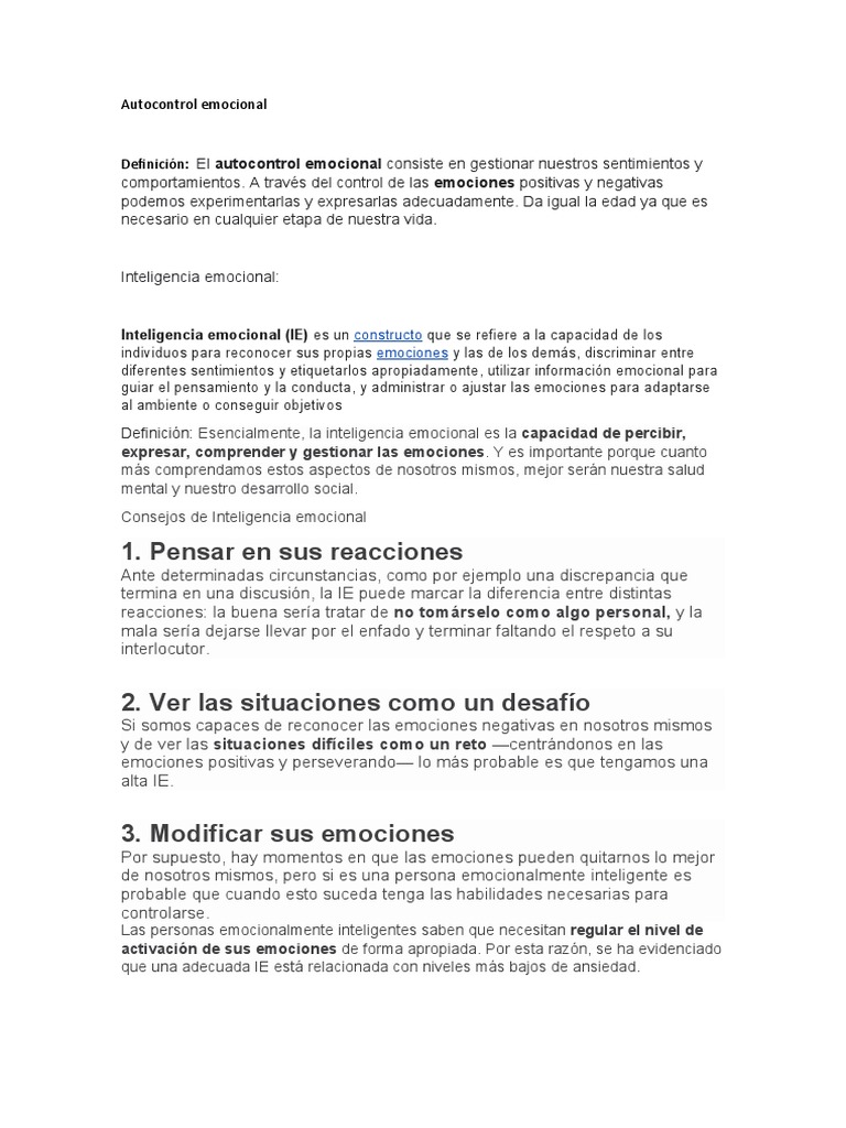 Autocontrol Emocional | PDF | Las emociones | Inteligencia emocional