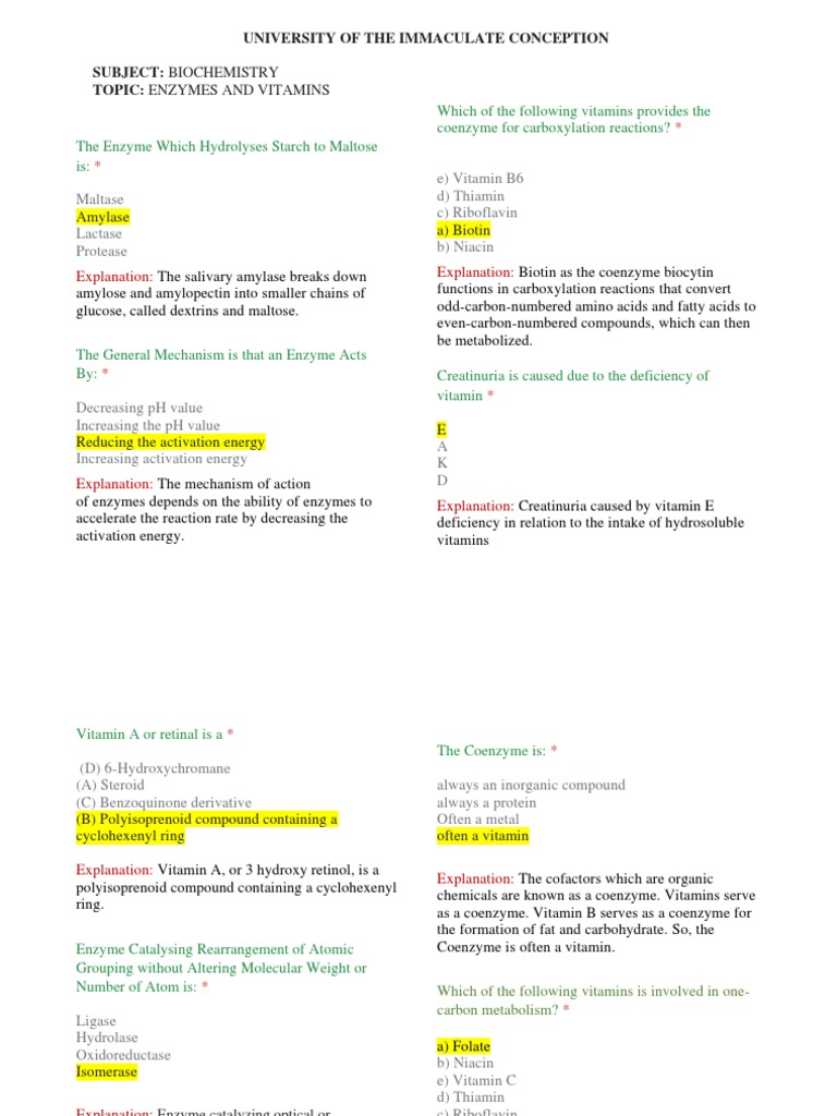Biochemistry Quiz Enzymes and Vitamins Answer Key PDF Enzyme