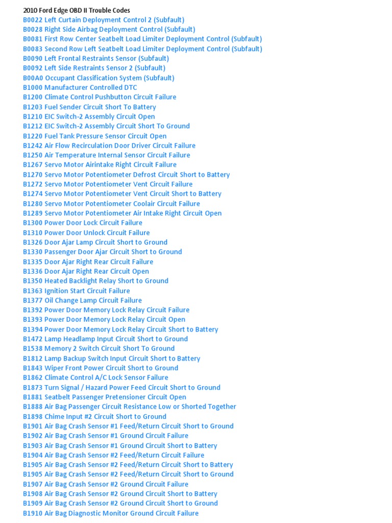 2010 Ford Edge OBD II Codes Summary | PDF | Airbag | Turbocharger