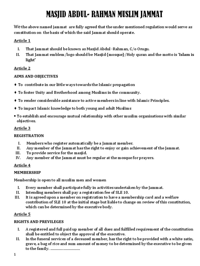 The Constitution of Masjid Abdul Rahman | PDF | Mosque | Government