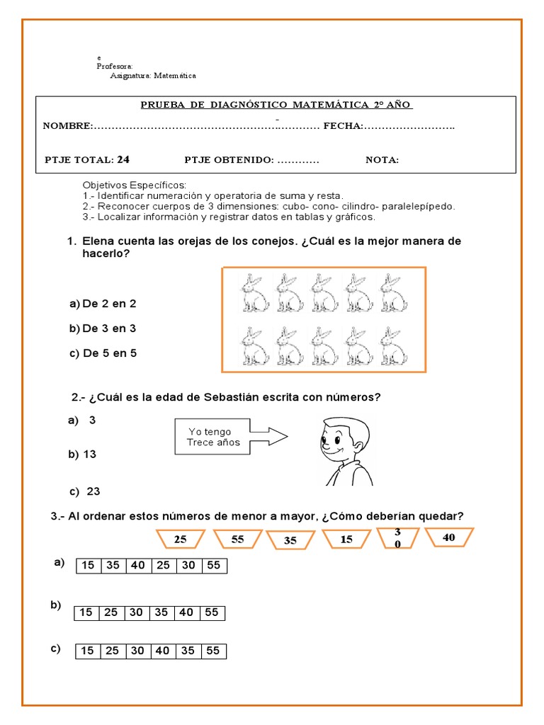 Prueba Diagnóstica de Matemáticas 2° Año | PDF