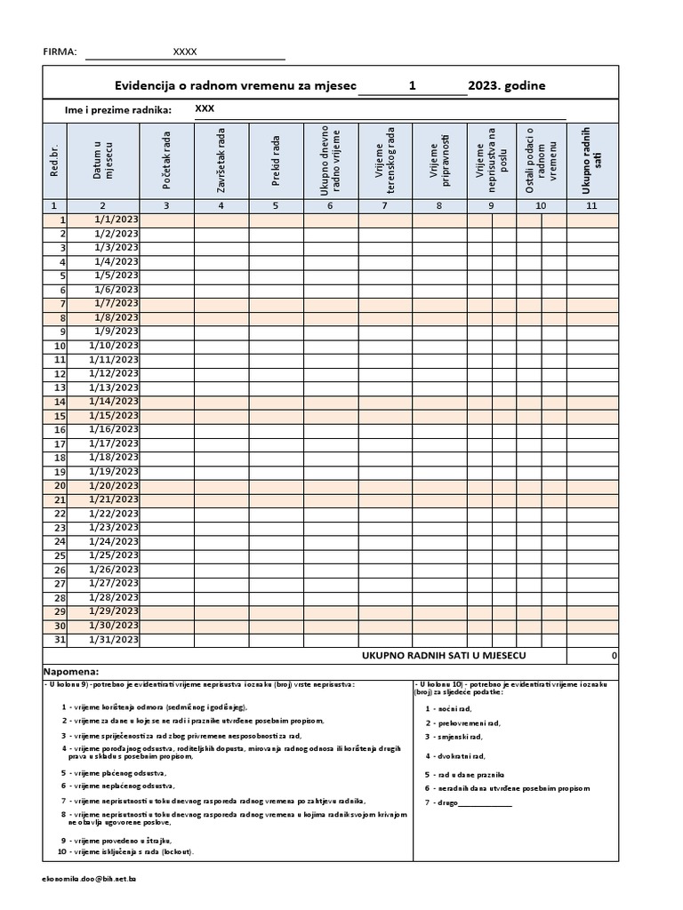 Evidencija o Radnom Vremenu Za Mjesec 1 2023. Godine: Ime I Prezime ...