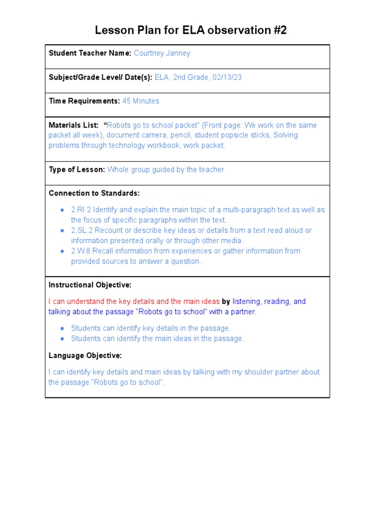 Lesson Plan For Ela Observation-Janney | Download Free PDF | Lesson ...
