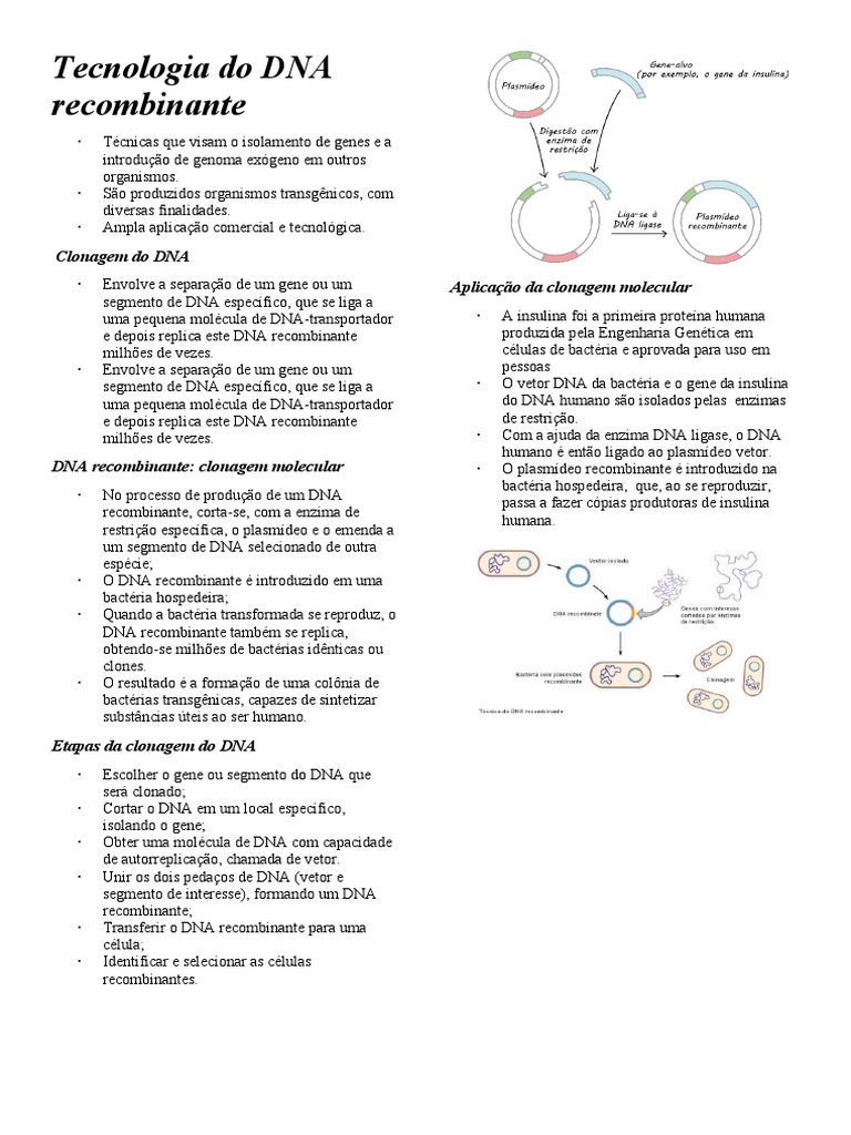 Aplicações da Tecnologia do DNA Recombinante | PDF | DNA recombinante | DNA