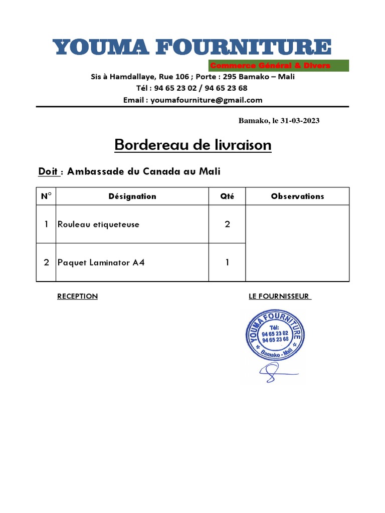Modèle de bordereau de livraison | PDF