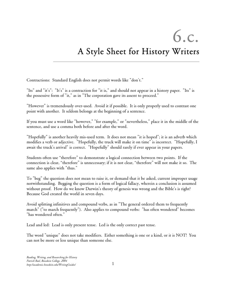 A Style Sheet For History Writers Reading, Writing, and Researching