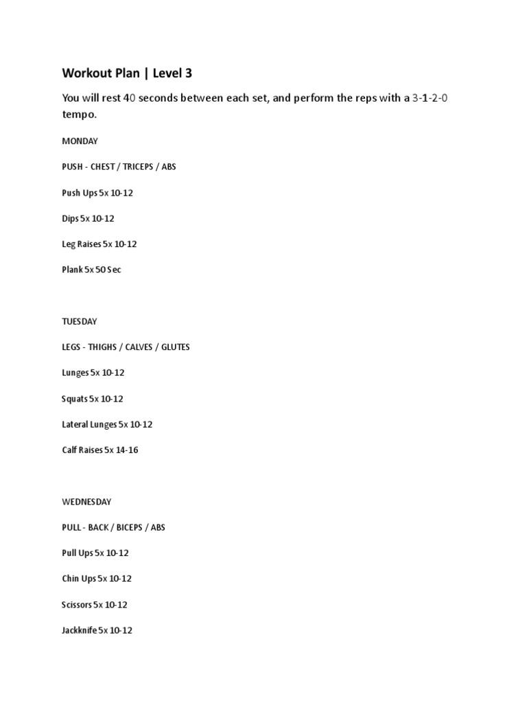 Workout Plan - Level 3: You Will Rest 40 Seconds Between Each Set, and ...